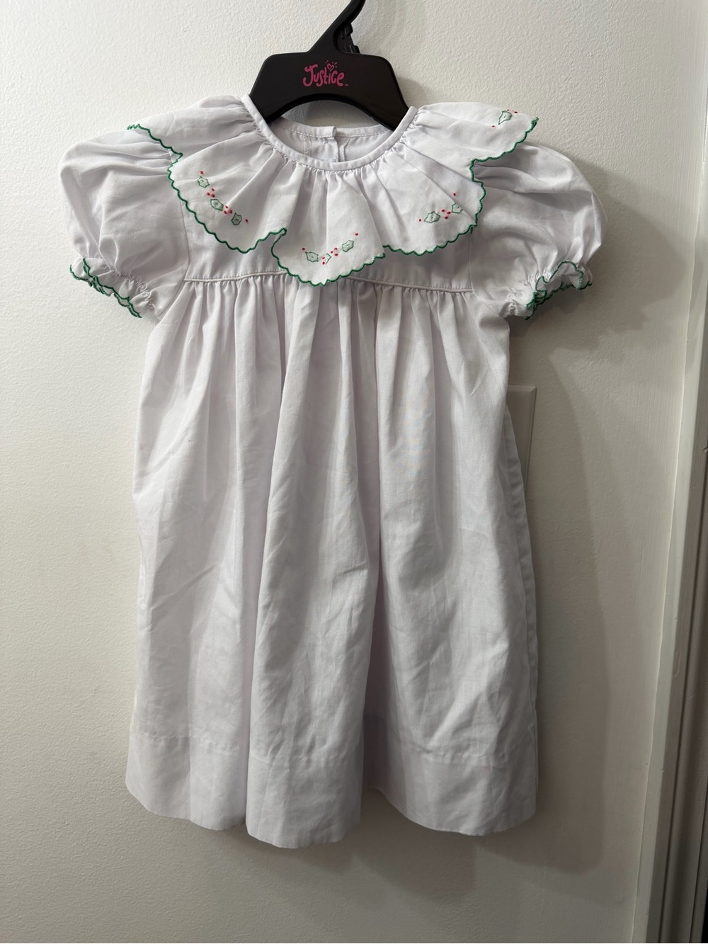 White Embroidered Ruffle-Collar Kids Formal Dress with Green Trim